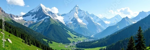 Majestic snow-capped peaks surrounded by lush green valleys under a clear blue sky,  blue sky,  snow-capped