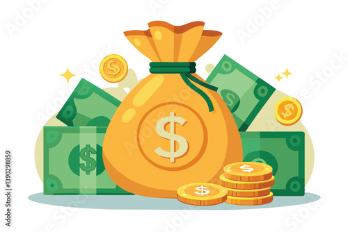 An illustration of a large yellow money bag filled with dollars and surrounded by stacks of dollar bills and golden coins.