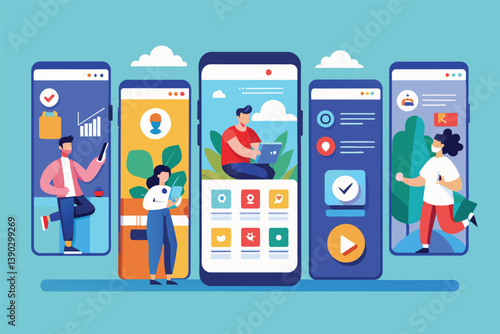 This illustration depicts four people using different mobile apps, showcasing various app interfaces with icons, buttons, and menus.
