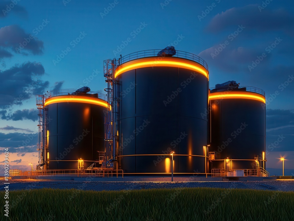 Obraz premium Methane processing plant with bluelit infrastructure, futuristic industrial design at night