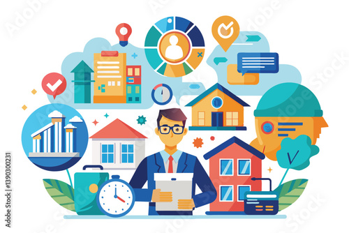 A cartoon businessman wearing glasses holds a clipboard and stands in front of a colorful background of icons related to real estate and investment.