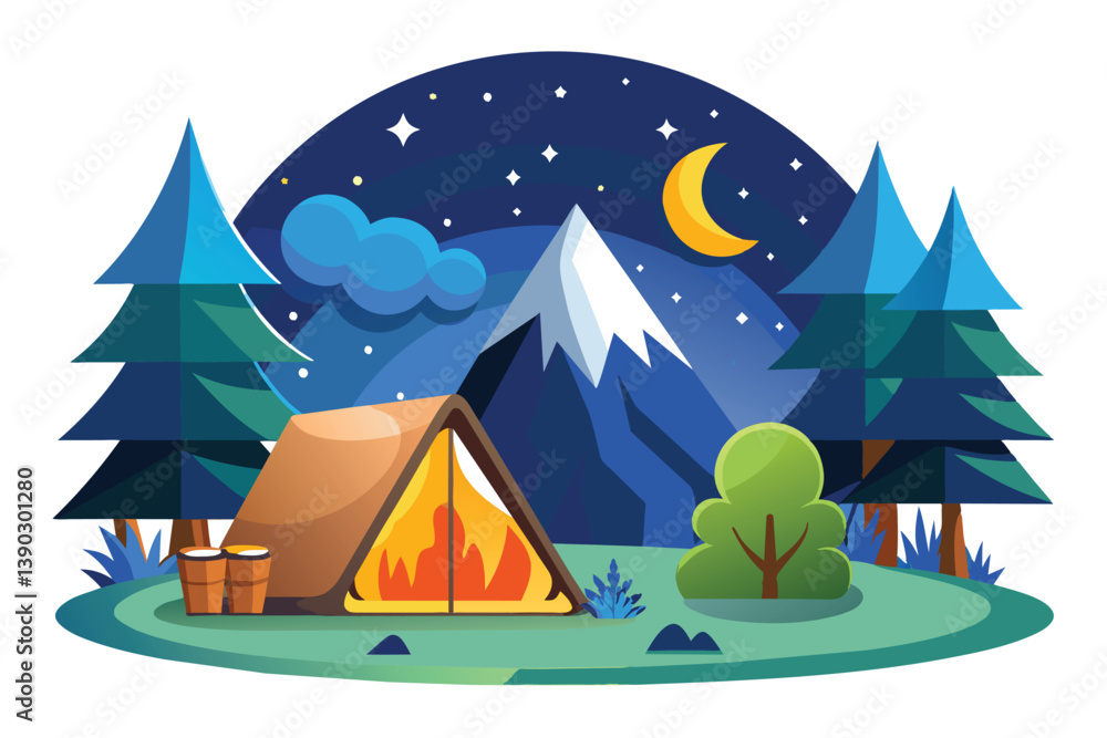 A colorful illustration depicting a campsite in a mountainous forest at night. A lit campfire burns inside a tent with a crescent moon and a sky full of stars visible. A colorful illustration depicting a campsite in a mountainous forest at night. A lit campfire burns inside a tent with a crescent moon and a sky full of stars visible.