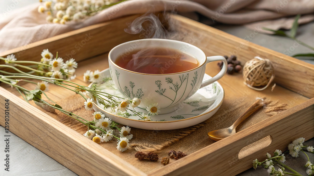 Fototapeta premium Cozy Tea Time with Floral Teacup and Chamomile