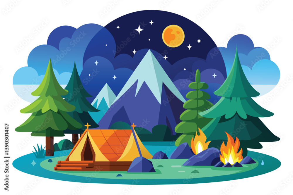 Illustration of a night camping scene with a tent, a campfire, and mountains in the background under a starry sky. Illustration of a night camping scene with a tent, a campfire, and mountains in the background under a starry sky.