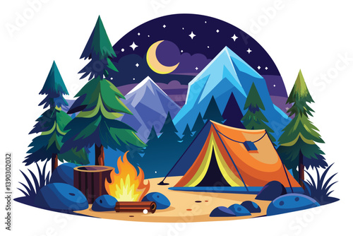 An illustration depicting a peaceful campsite nestled in the mountains at night. A glowing campfire crackles beside a tent while the crescent moon shines above a starry sky.