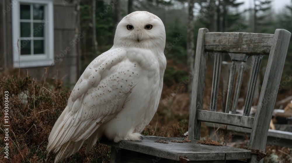 A beautiful snowy owl sits gracefully on a weathered chair, surrounded by lush greenery and mist, creating a serene and magical atmosphere in nature. A beautiful snowy owl sits gracefully on a weathered chair, surrounded by lush greenery and mist, creating a serene and magical atmosphere in nature.