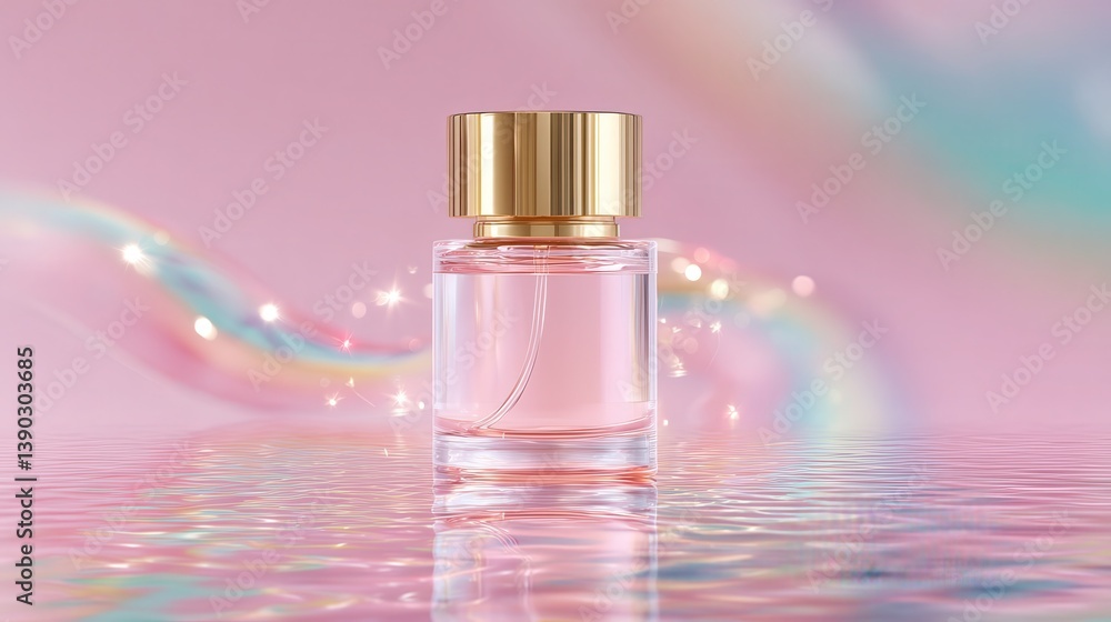 A pastel rainbow background with an isolated photograph of a perfume bottle. The bottle has gold details, glass and transparent, pastel pink liquid inside, and a minimalistic. A pastel rainbow background with an isolated photograph of a perfume bottle. The bottle has gold details, glass and transparent, pastel pink liquid inside, and a minimalistic.