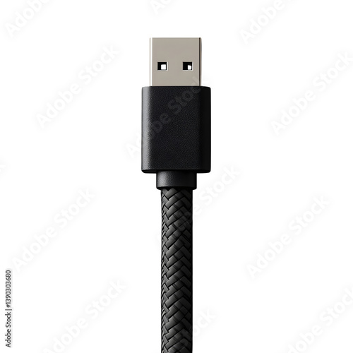 A 2D front view of a USB-C charging cable, black rubberized texture, visible connectors, soft lighting