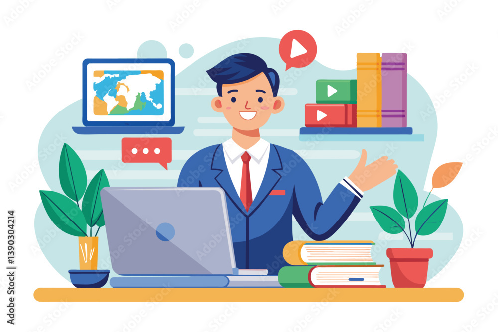A cartoon illustration depicting a man teaching online. He is seated at a desk with a laptop, books, and plants. A cartoon illustration depicting a man teaching online. He is seated at a desk with a laptop, books, and plants.