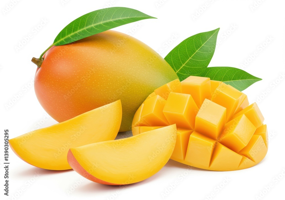 A vibrant still life featuring a whole mango with slices and diced pieces isolated on white background A vibrant still life featuring a whole mango with slices and diced pieces isolated on white background
