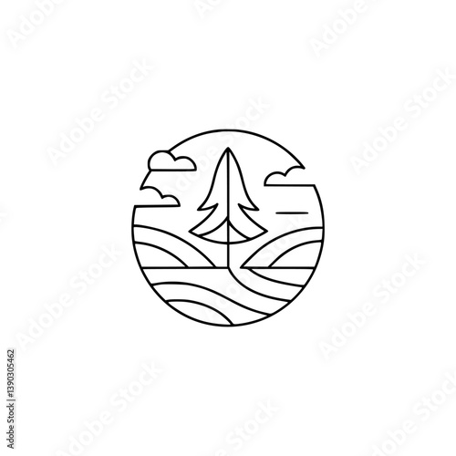 Minimalist Landscape Logo: Pine Tree in Circle, Clean Line Art Design
