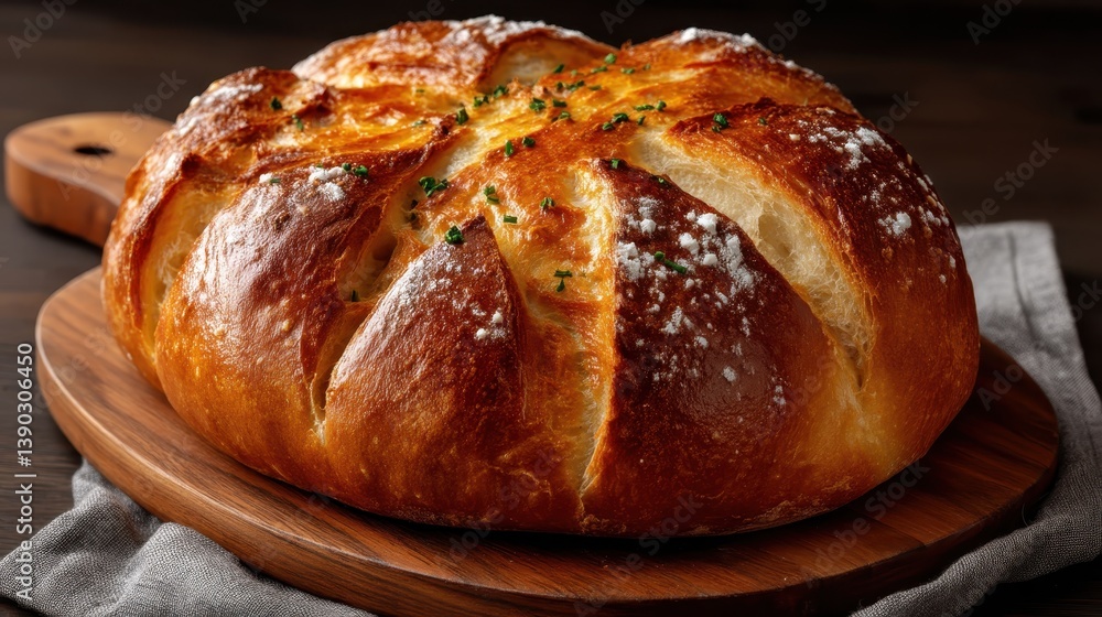 An alluring round loaf of bread features a scored top design, displayed on a wooden board, showcasing artisanal craft combined with homemade warmth and beauty. An alluring round loaf of bread features a scored top design, displayed on a wooden board, showcasing artisanal craft combined with homemade warmth and beauty.