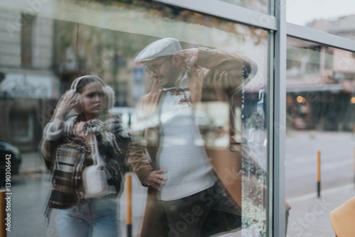 Fotografija A young couple is reflected in a glass window as they explore an urban environment