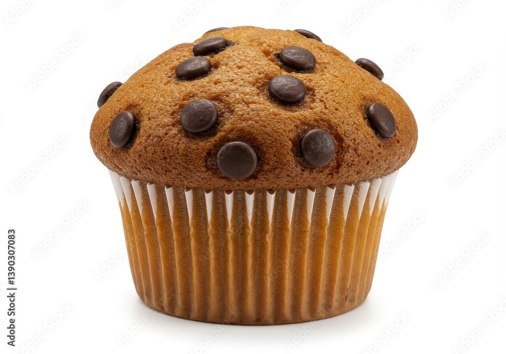 A single chocolate chip muffin in a white paper liner isolated on white background A single chocolate chip muffin in a white paper liner isolated on white background