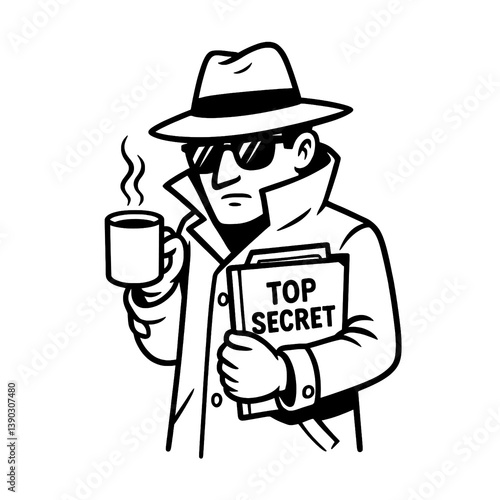 Secret Agent Holding Coffee and Top Secret Folder Vector Illustration