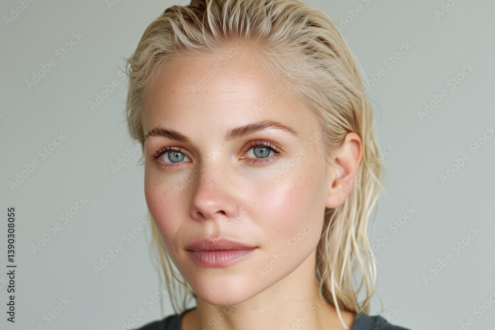 Portrait of young caucasian Scandinavian woman with wet blonde hair and glowing skin looking at camera in soft natural light, beauty and skincare concept with minimal background