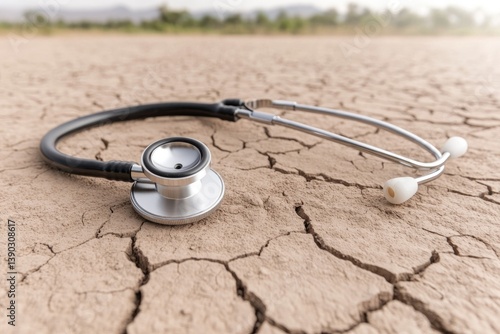 Stethoscope placed on cracked earth symbolizes healthcare challe
