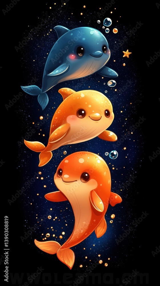 A colorful, whimsical illustration of three cartoon dolphins swimming in a starry ocean, showcasing playful expressions and vibrant colors. A colorful, whimsical illustration of three cartoon dolphins swimming in a starry ocean, showcasing playful expressions and vibrant colors.