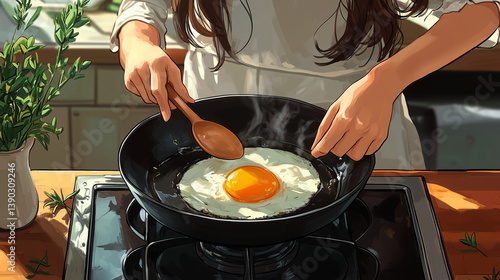 Anime Fried Egg in Pan on Stove with Brunette Woman Cooking Breakfast at Home