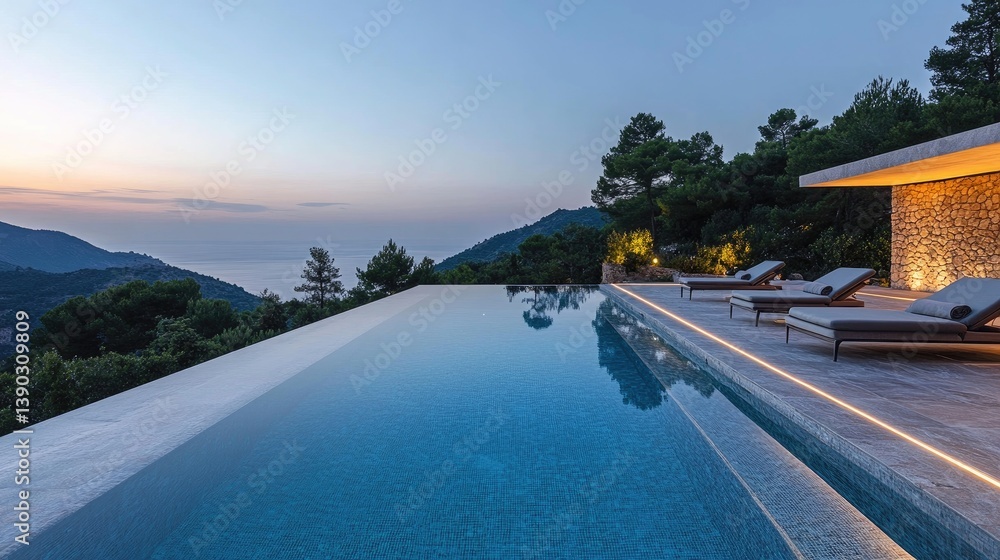 Fototapeta premium Tranquil Infinity Pool Overlooking Serene Mountains and Sunset in Idyllic Luxury Retreat Setting