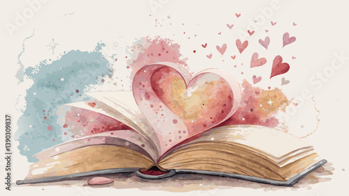 "Watercolor Heart & Book Background – Soft Pastel Colors Symbolizing Passion for Teaching (Left Copy Space)"