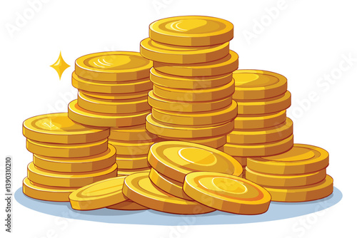 A cartoon illustration of a large stack of shiny gold coins against a white background. The coins are arranged in a haphazard pile, with a few coins falling out of the stack.