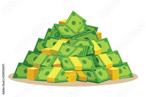 A large pile of green paper money with visible dollar signs is illustrated in cartoon style. The pile of money sits on a brown oval surface, suggesting wealth and prosperity.