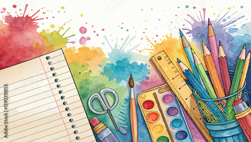 "Watercolor School Supplies Background – Vibrant Pencils, Crayons & Runners with Left-Side Copy Space"
