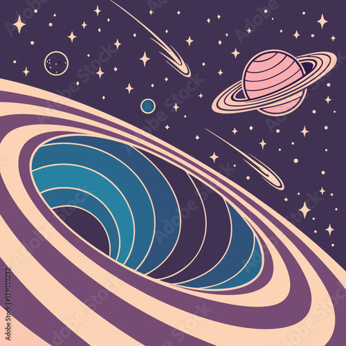 A black hole in space with planet and shooting stars view