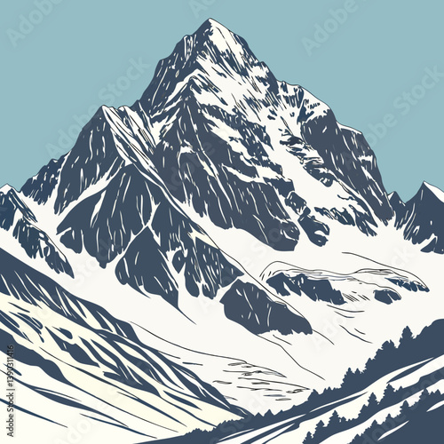 Illustration of a snow covered mountain range against sky