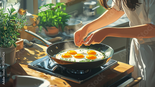 Cooking Fried Eggs in Kitchen Interior, Woman Cracking Eggs into Pan on Stove