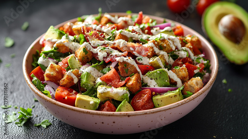 Colorful Salad With Tomatoes, Avocado, Croutons and Dressing in Pink Bowl