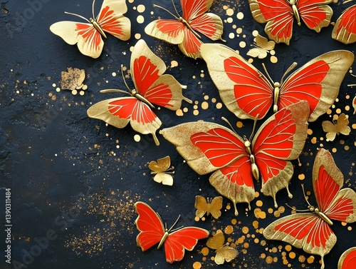 Red and golden butterflies against a dark background.