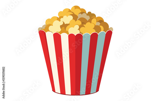 An illustration of a red and white striped popcorn bucket overflowing with yellow popcorn.