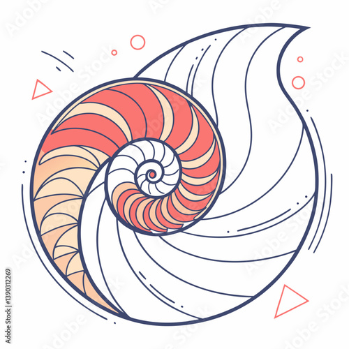 Illustration of a nautilus shell with geometric accents