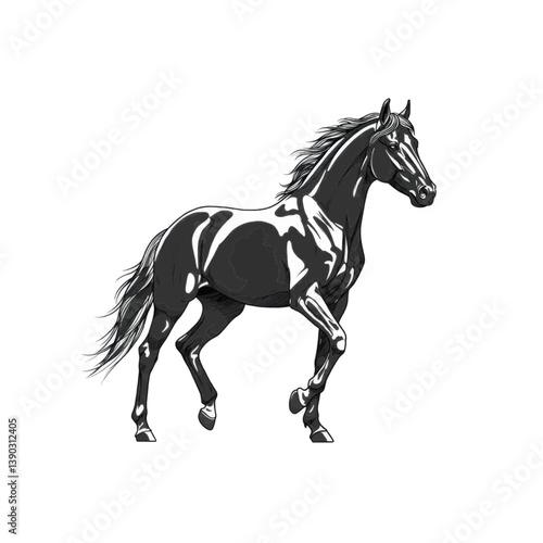 Black horse trotting with flowing mane and tail
