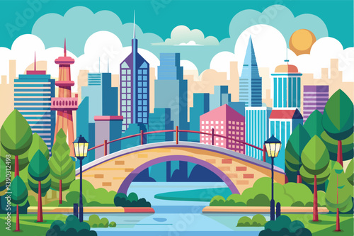Obraz na płótnie A colorful illustration of a city skyline with a brick bridge, green trees, and a river running through it. w salonie