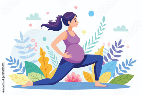 A pregnant woman practices yoga by performing a lunge exercise outdoors. She is wearing comfortable workout clothes and has her hair pulled back in a ponytail.