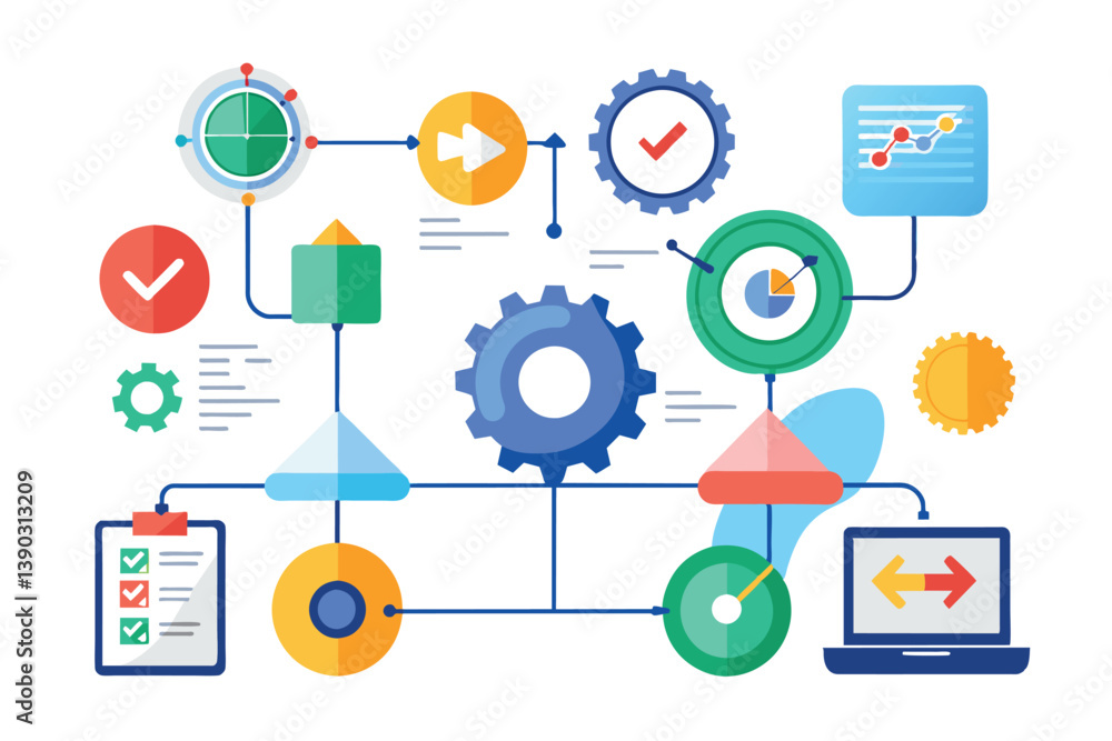 A colorful illustration depicting a complex business process workflow diagram with various icons and elements, including gears, checkmarks, arrows, and data points. A colorful illustration depicting a complex business process workflow diagram with various icons and elements, including gears, checkmarks, arrows, and data points.