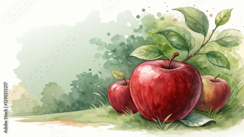 "Watercolor Apple Background – Rich Red & Green Blend Symbolizing Education (Left Copy Space)"
