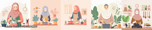 vector set of hijab women cooking