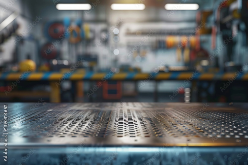 Obraz premium metal blank tabletop with blurred automotive tools and parts in the background suitable for promoting automotive products