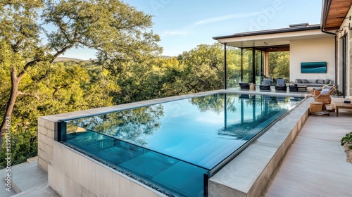 Modern luxury home with infinity pool overlooking lush greenery and serene landscape in bright sunlight