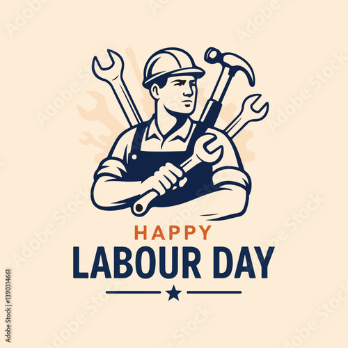 Happy Labour Day Celebration - Worker with Tools Vector Illustration