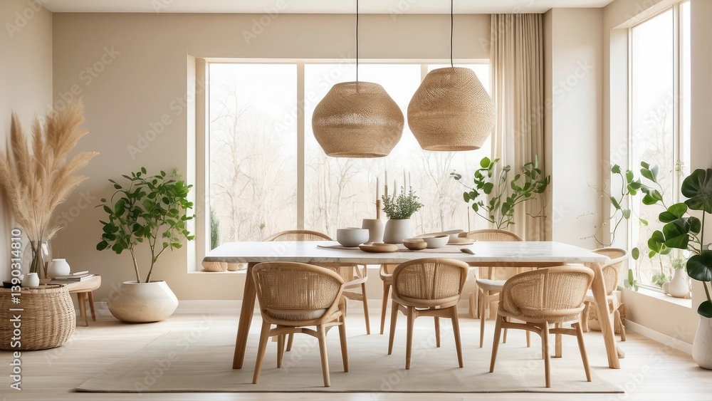 Fototapeta premium A well-lit dining room with large windows allowing natural light to ente
