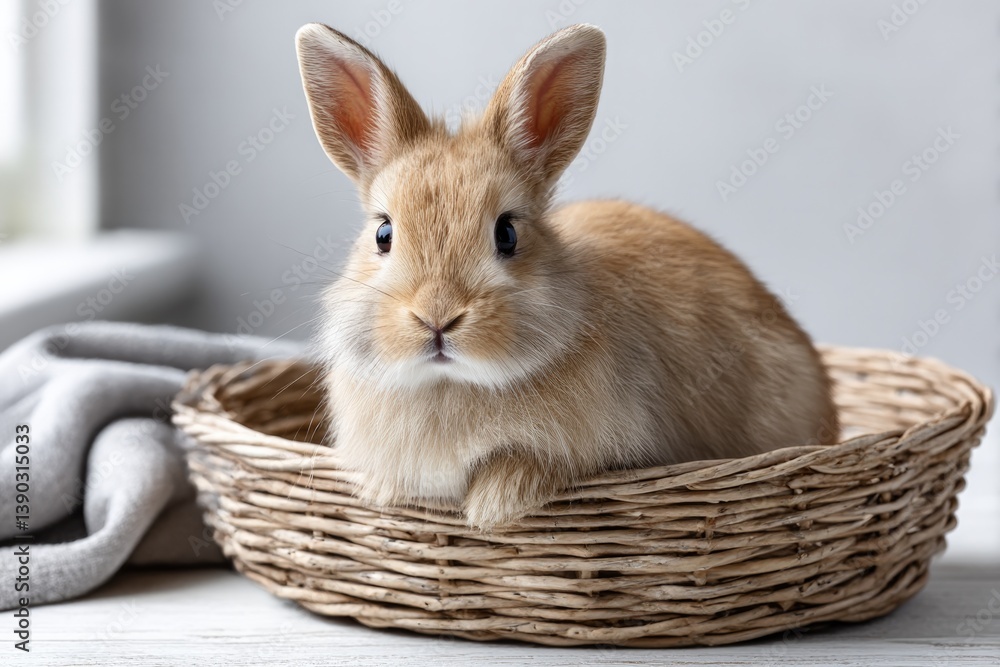 Fluffy rabbit resting comfortably in woven basket with soft blan Fluffy rabbit resting comfortably in woven basket with soft blan
