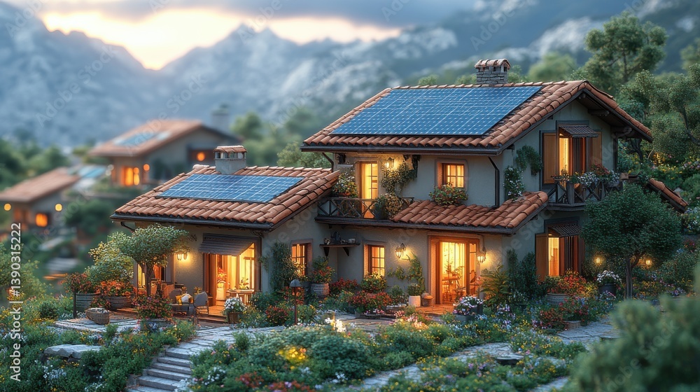 Obraz premium Eco-friendly houses with solar panels, nestled in a mountainside village at sunset