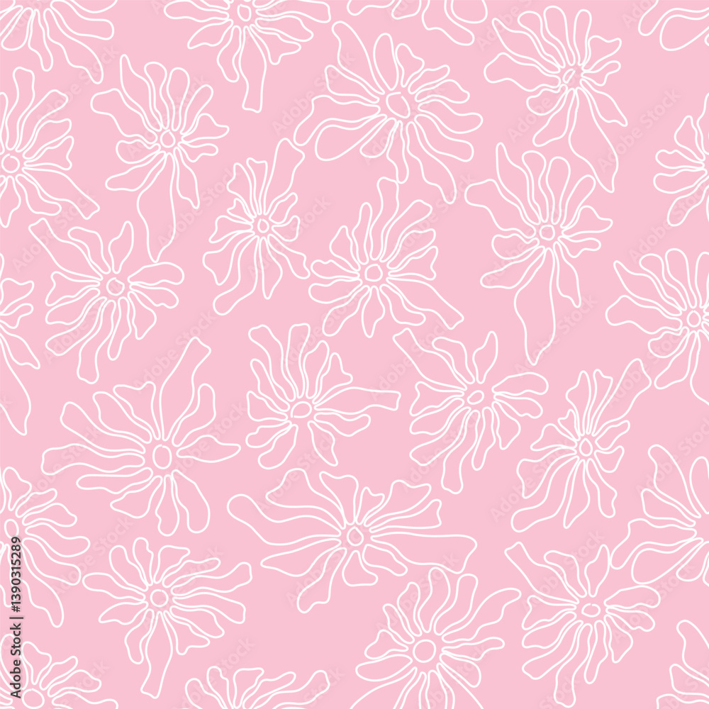 Obraz premium Seamless botanical pattern with outlined flowers on a soft green backdrop. Modern, organic design suitable for textiles and backgrounds. Trendy, minimalist aesthetic.