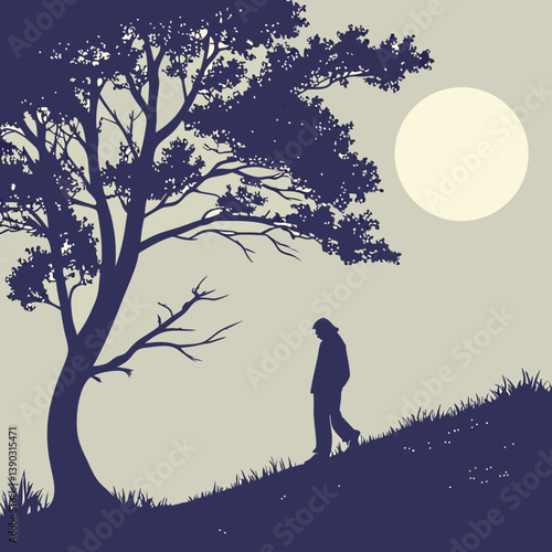 Silhouette of a person walking under a tree at night time