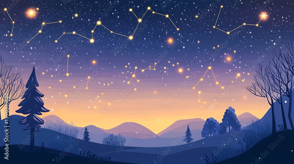 Fototapeta premium Night sky constellations over winter landscape.